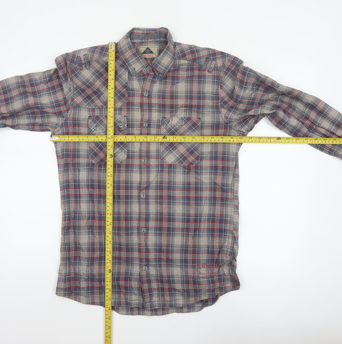Next Teens Grey Plaid Check Long Sleeve Button-Up Shirt M Workwear