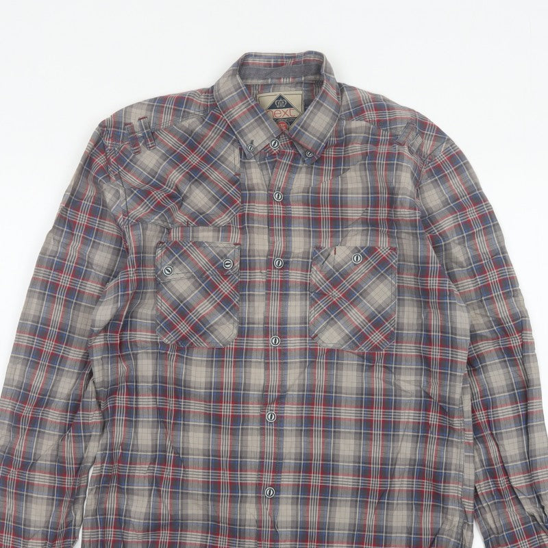 Next Teens Grey Plaid Check Long Sleeve Button-Up Shirt M Workwear