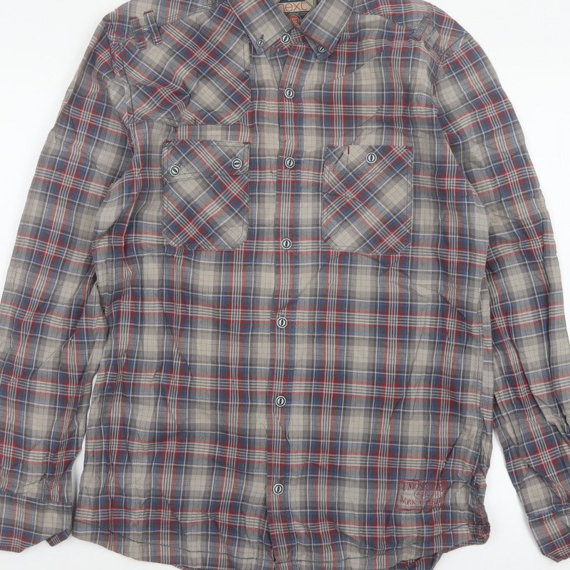 Next Teens Grey Plaid Check Long Sleeve Button-Up Shirt M Workwear