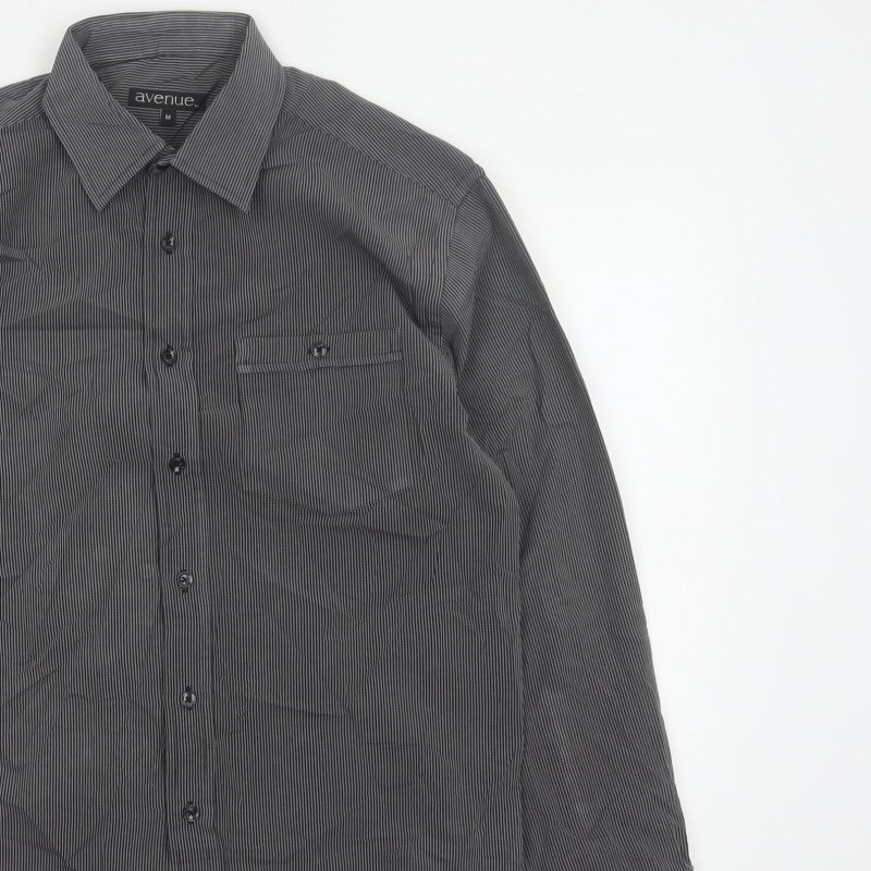 Avenue Men Grey Striped M Long Sleeve Button-Up Shirt Pockets