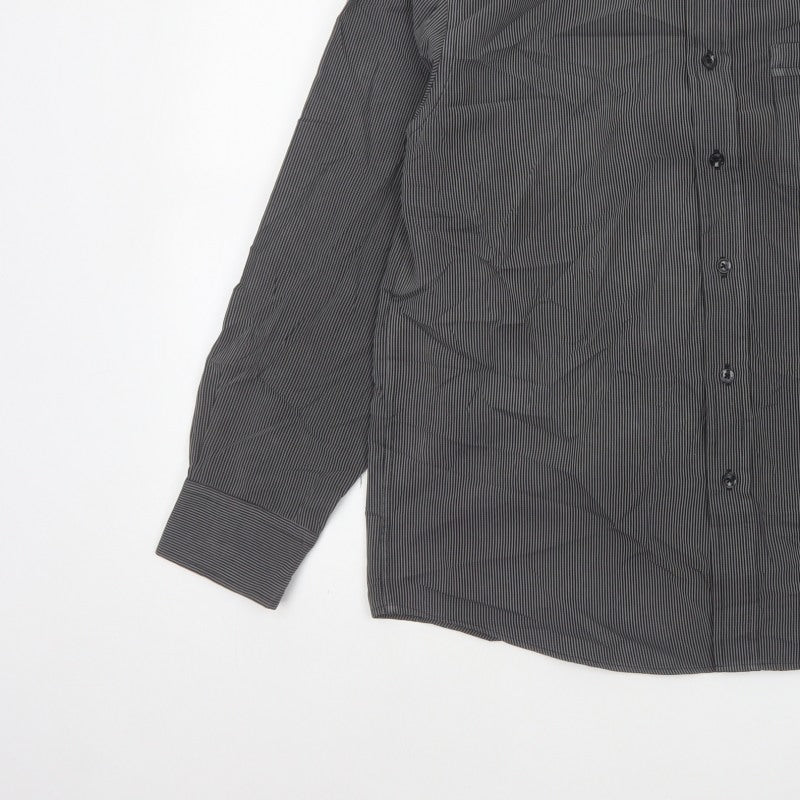 Avenue Men Grey Striped M Long Sleeve Button-Up Shirt Pockets
