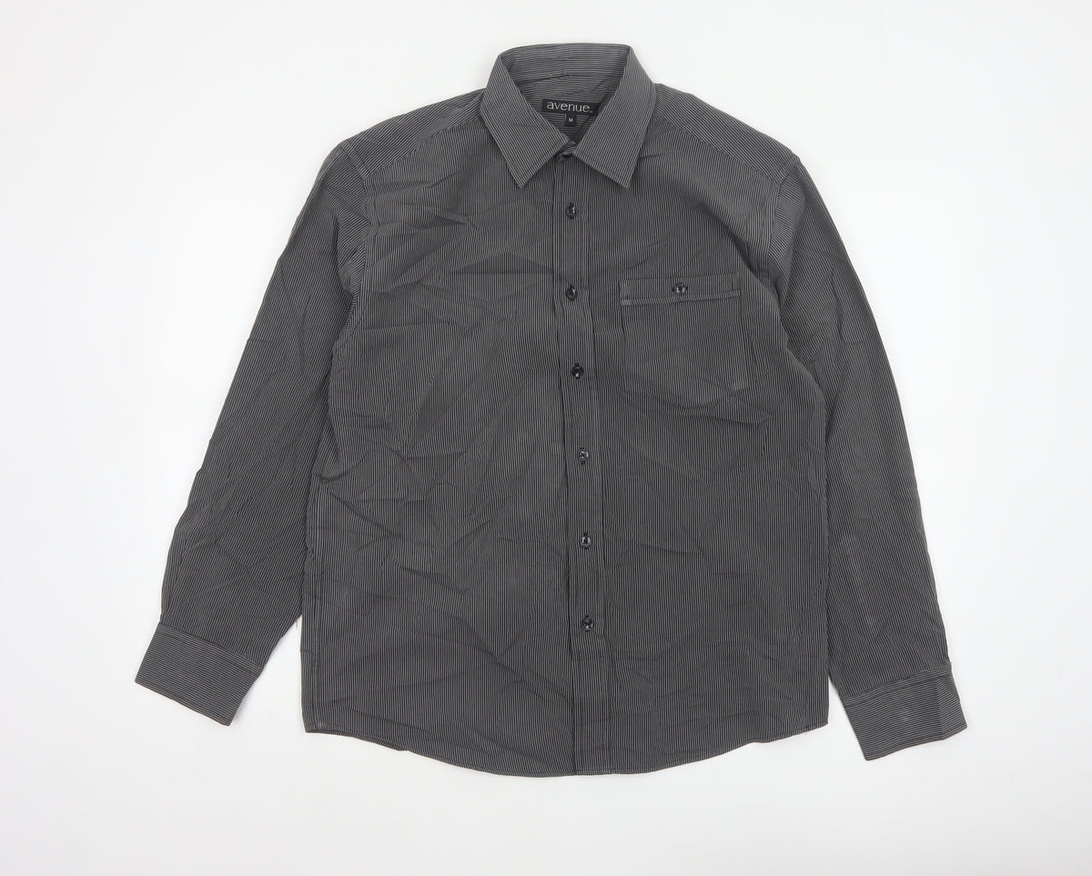 Avenue Men Grey Striped M Long Sleeve Button-Up Shirt Pockets