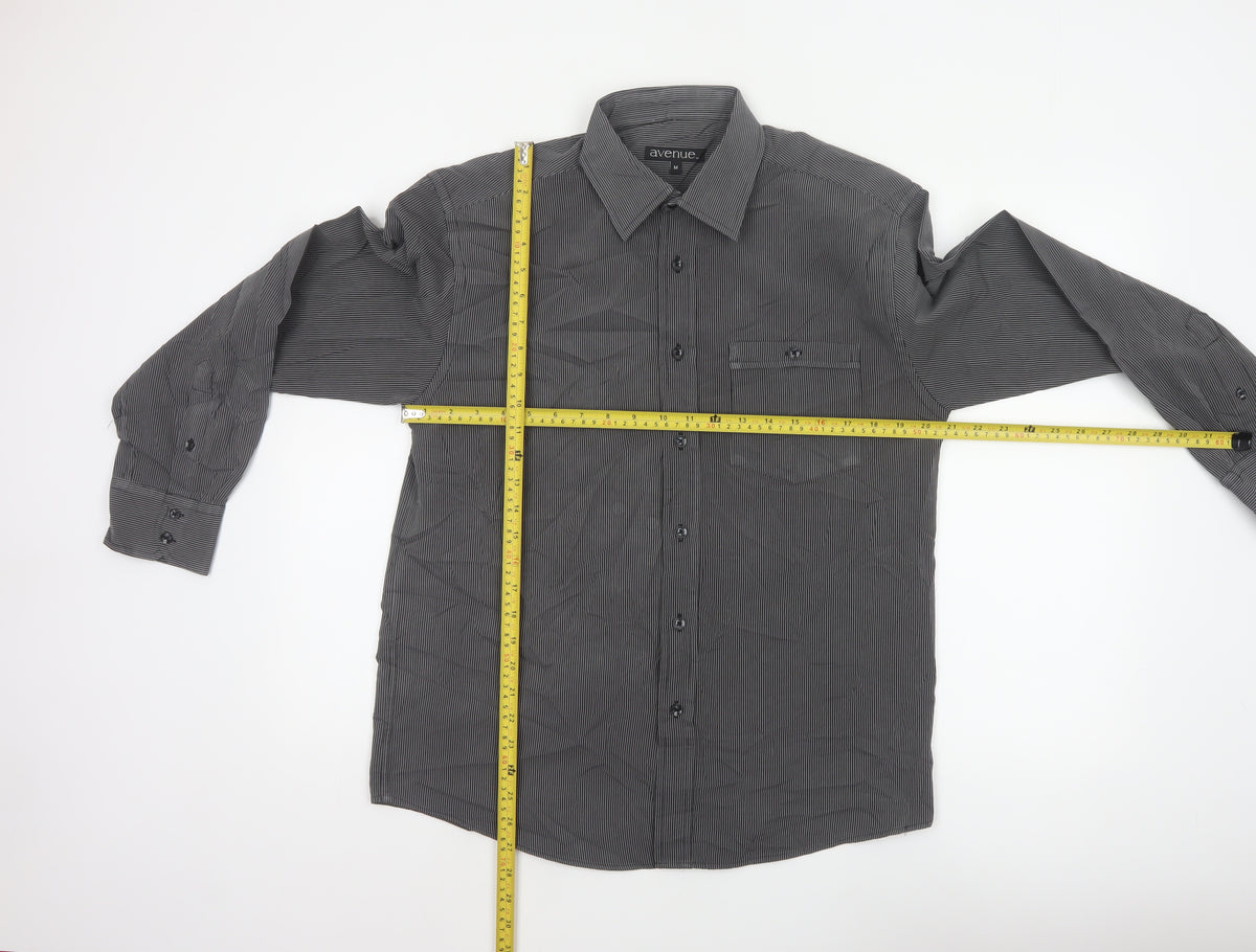 Avenue Men Grey Striped M Long Sleeve Button-Up Shirt Pockets