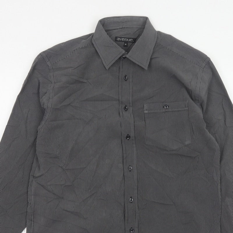 Avenue Men Grey Striped M Long Sleeve Button-Up Shirt Pockets