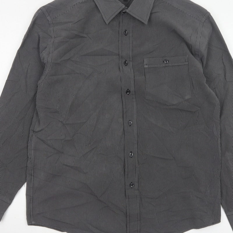 Avenue Men Grey Striped M Long Sleeve Button-Up Shirt Pockets