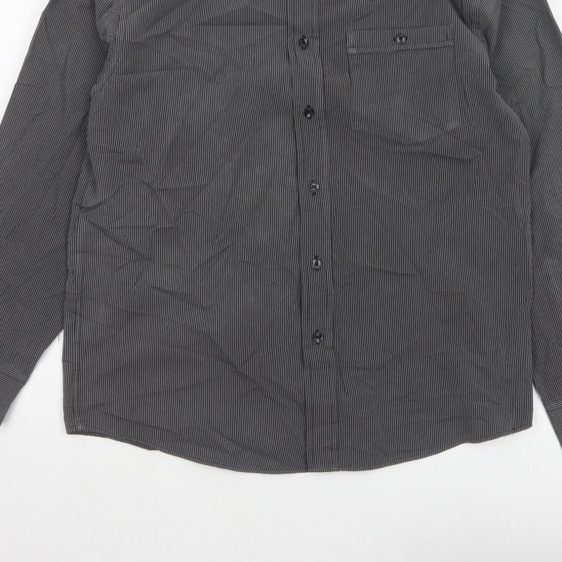 Avenue Men Grey Striped M Long Sleeve Button-Up Shirt Pockets