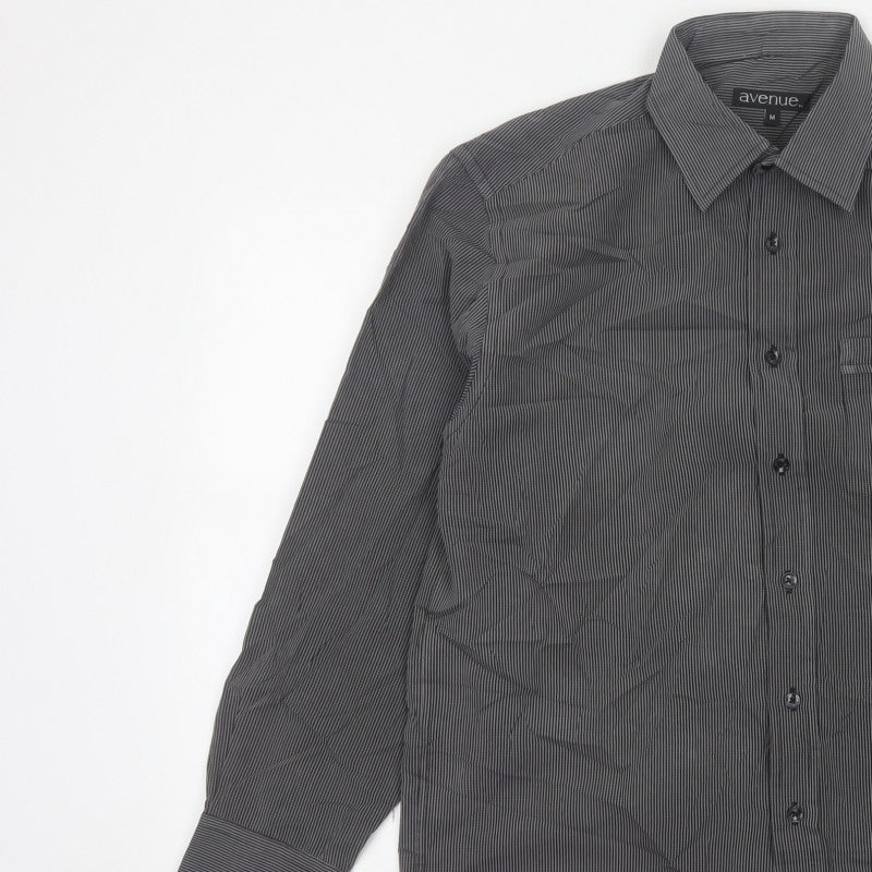 Avenue Men Grey Striped M Long Sleeve Button-Up Shirt Pockets