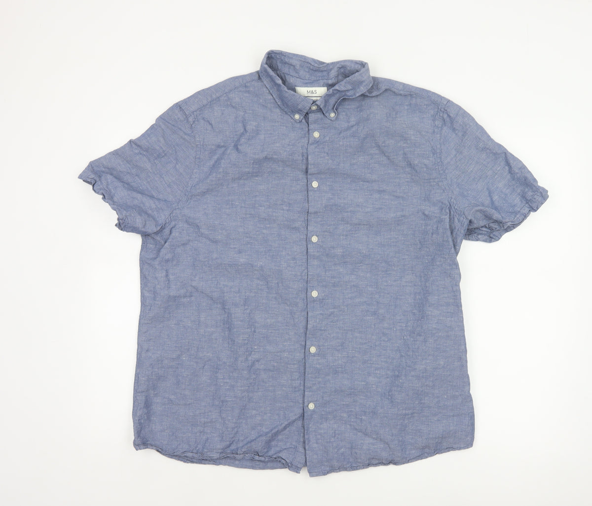 Marks and Spencer Men Blue XL Linen Blend Short Sleeve Button-Up Shirt