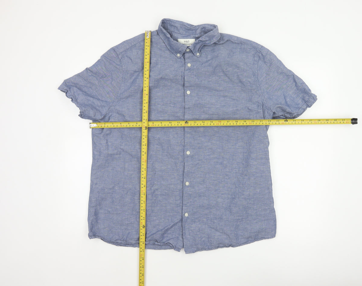 Marks and Spencer Men Blue XL Linen Blend Short Sleeve Button-Up Shirt