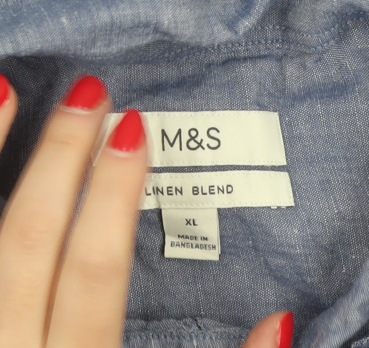 Marks and Spencer Men Blue XL Linen Blend Short Sleeve Button-Up Shirt