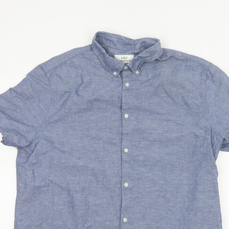Marks and Spencer Men Blue XL Linen Blend Short Sleeve Button-Up Shirt