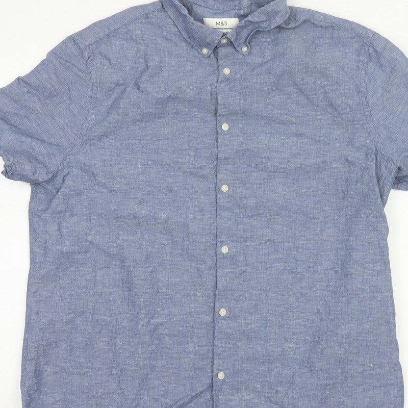 Marks and Spencer Men Blue XL Linen Blend Short Sleeve Button-Up Shirt