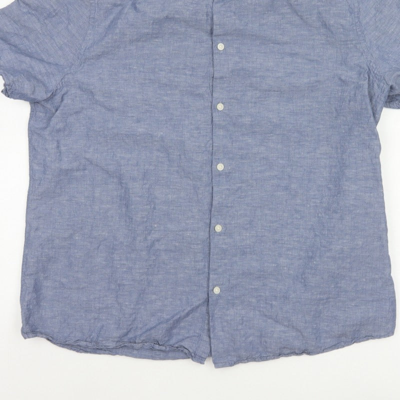 Marks and Spencer Men Blue XL Linen Blend Short Sleeve Button-Up Shirt