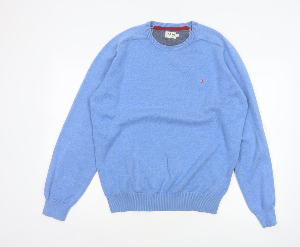 Farah Mens Blue Cotton Crew Neck Logo Pullover Jumper L