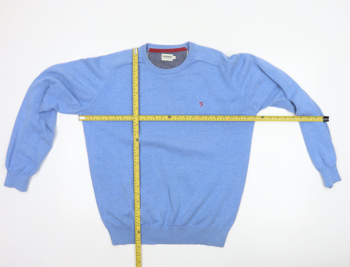 Farah Mens Blue Cotton Crew Neck Logo Pullover Jumper L