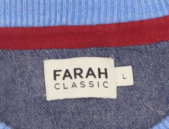Farah Mens Blue Cotton Crew Neck Logo Pullover Jumper L