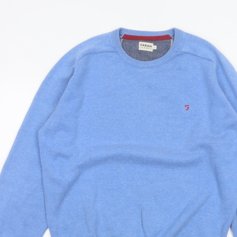 Farah Mens Blue Cotton Crew Neck Logo Pullover Jumper L