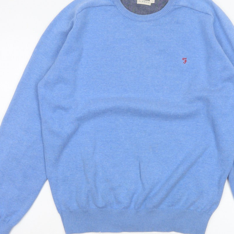 Farah Mens Blue Cotton Crew Neck Logo Pullover Jumper L