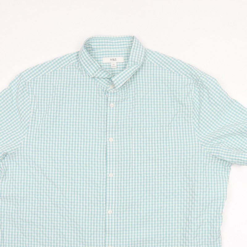 Marks and Spencer Men Blue Check 3XL Short Sleeve Button-Up Shirt