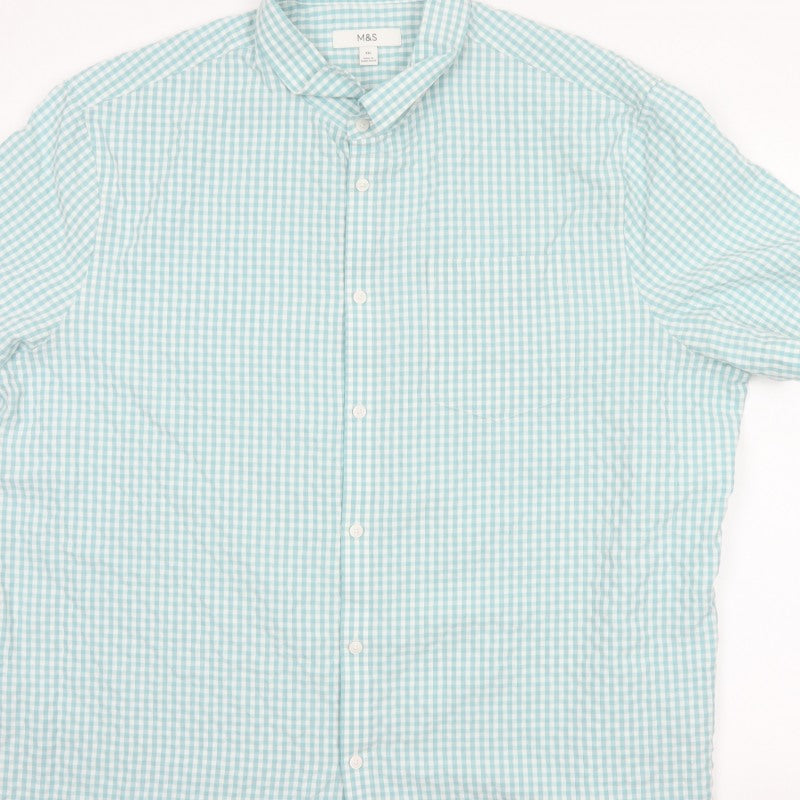 Marks and Spencer Men Blue Check 3XL Short Sleeve Button-Up Shirt