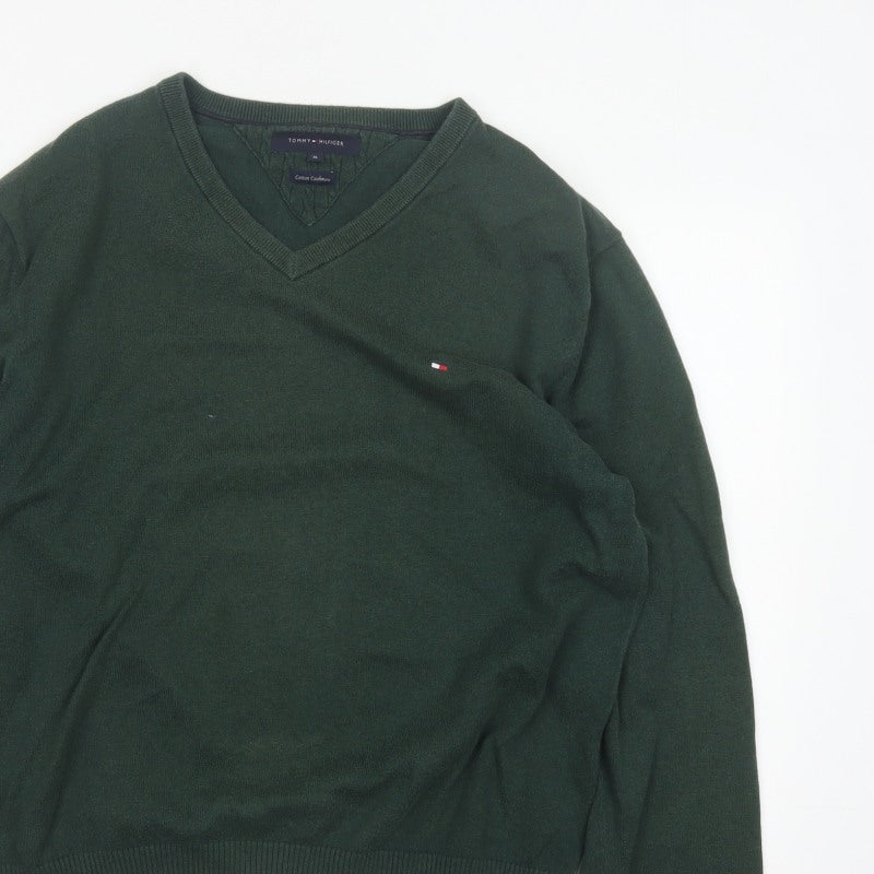 Tommy Hilfiger Men’s Green XL Cotton Cashmere V-Neck Pullover Jumper