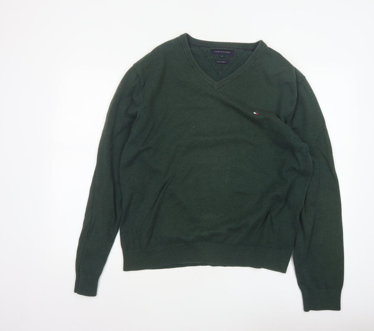 Tommy Hilfiger Men’s Green XL Cotton Cashmere V-Neck Pullover Jumper