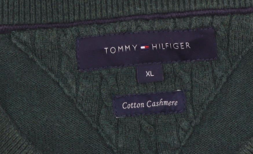 Tommy Hilfiger Men’s Green XL Cotton Cashmere V-Neck Pullover Jumper