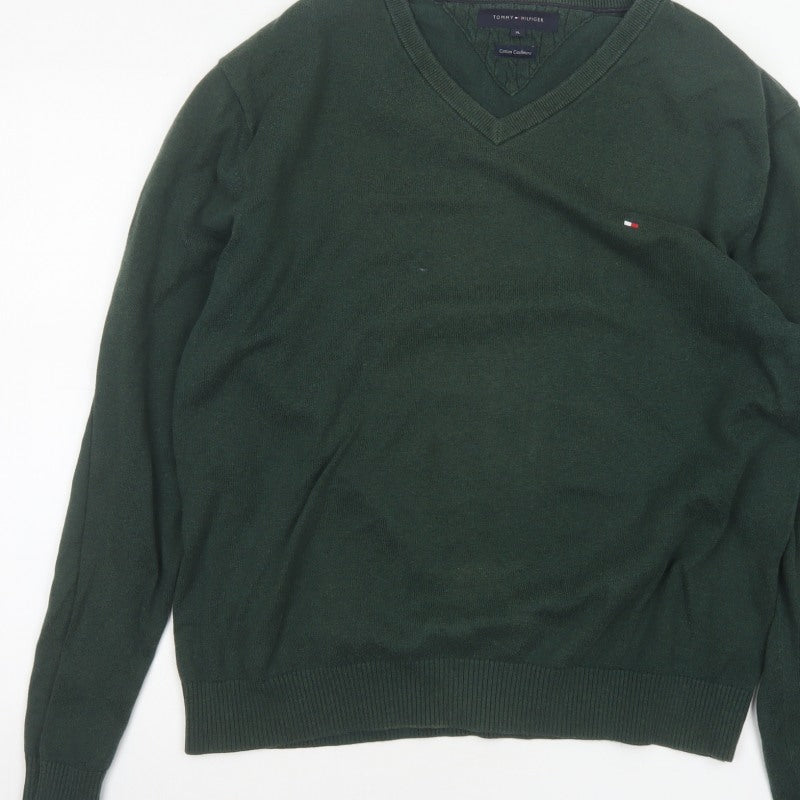 Tommy Hilfiger Men’s Green XL Cotton Cashmere V-Neck Pullover Jumper