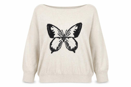Wallis Women Beige UK 12 Butterfly Rhinestone Scoop Neck Knit Jumper