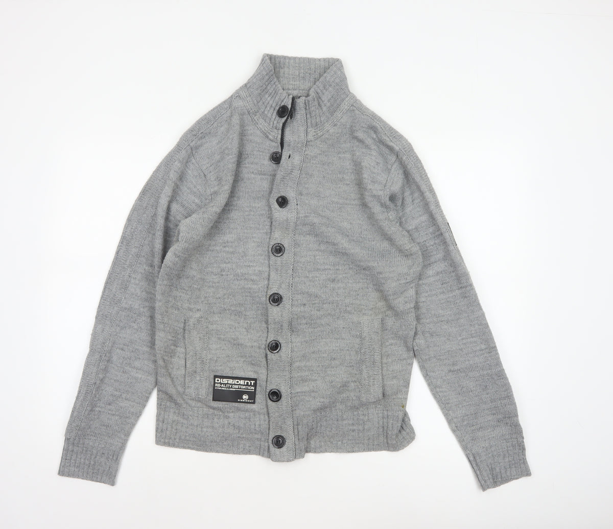 Dissident Men Grey M Button Cardigan High Neck Knit Pockets