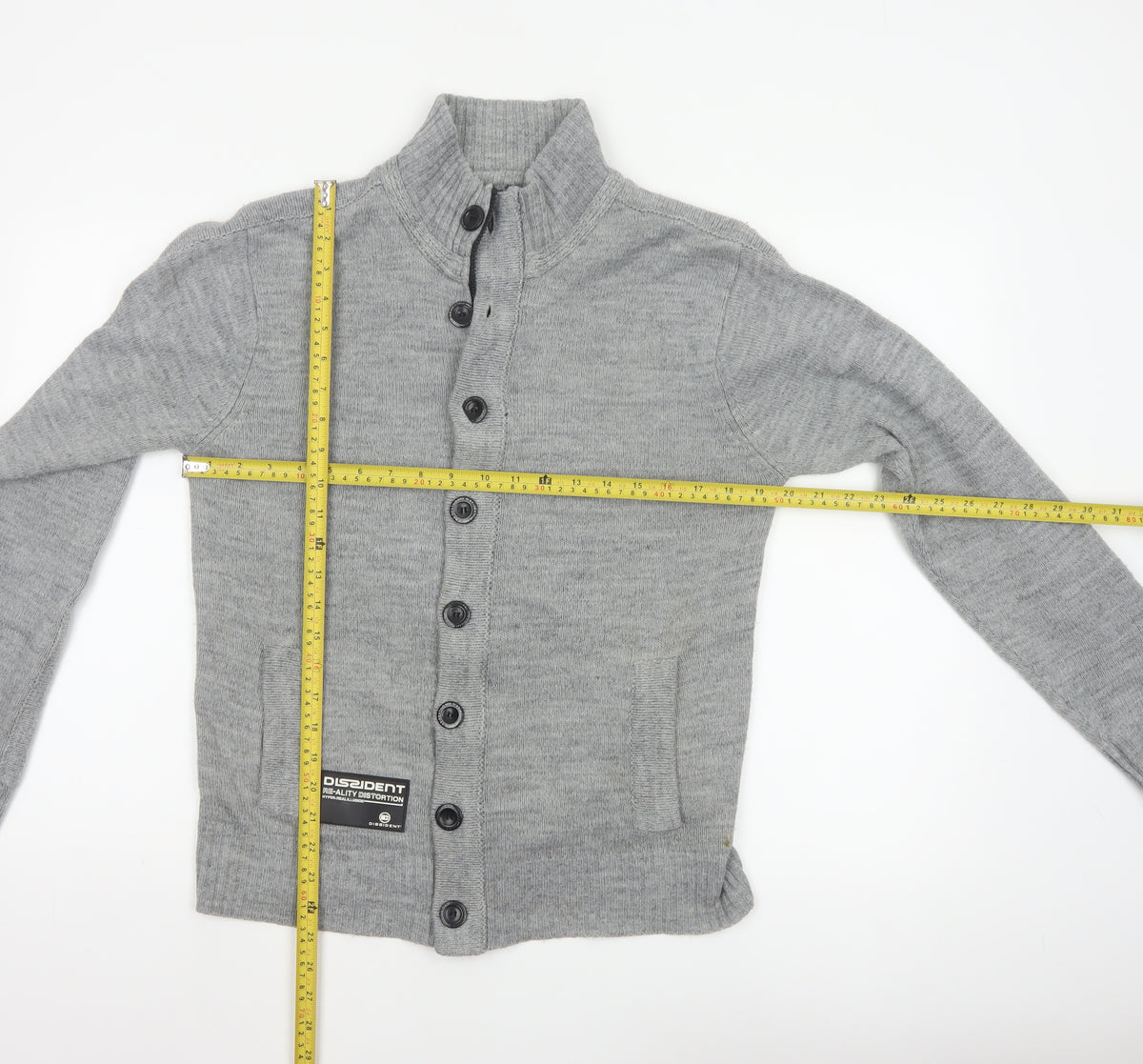 Dissident Men Grey M Button Cardigan High Neck Knit Pockets