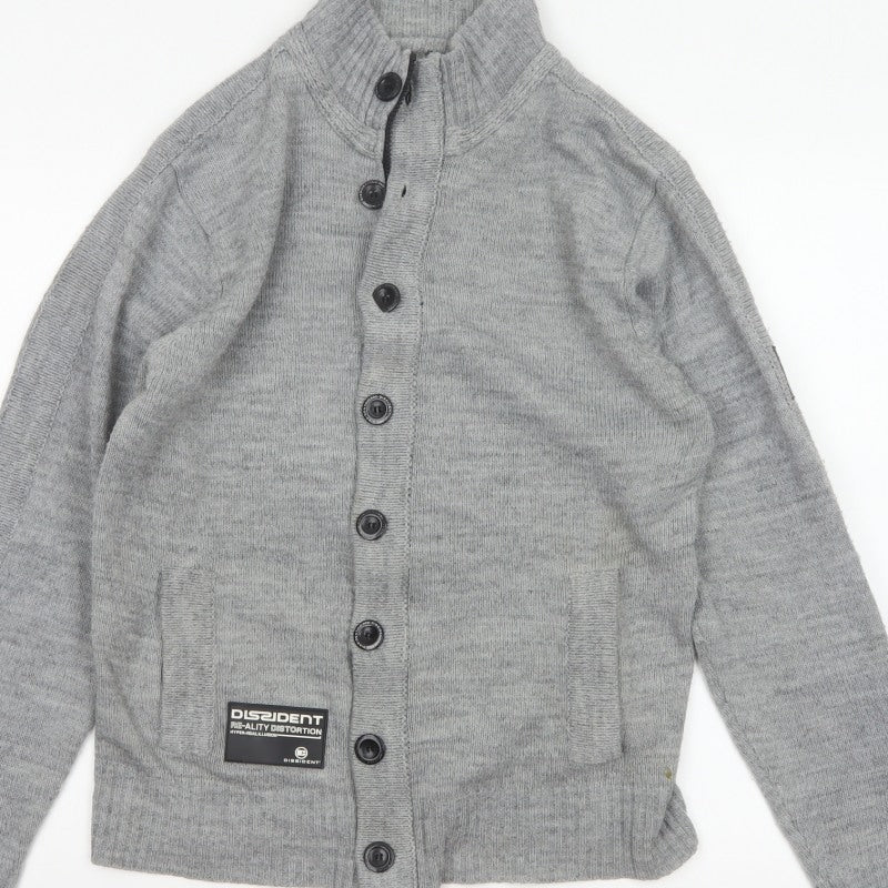 Dissident Men Grey M Button Cardigan High Neck Knit Pockets