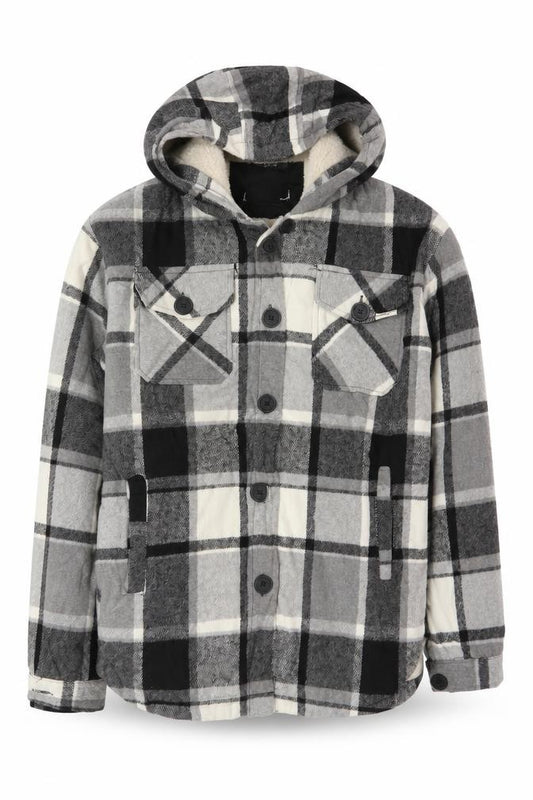 Lee Cooper Mens Grey Plaid Hooded Fleece Lined Jacket XL