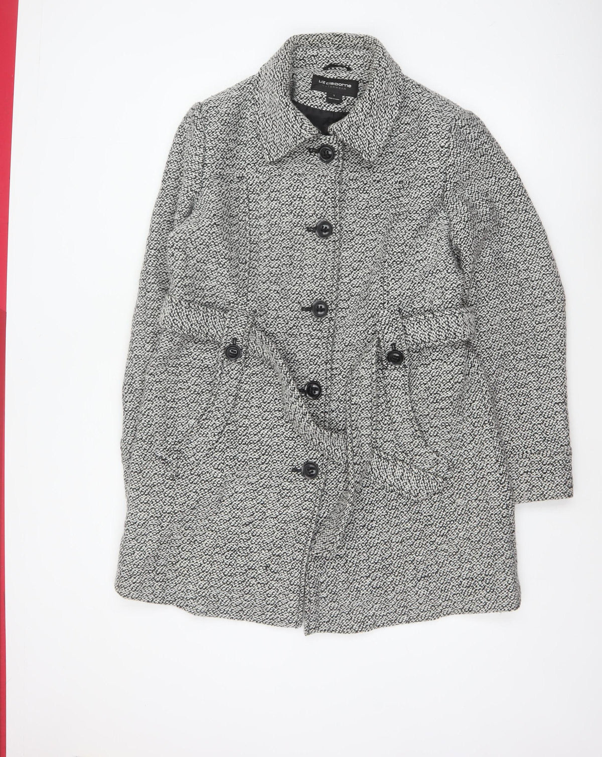 Liz Claiborne Women's Black & White L Tweed Belted Overcoat