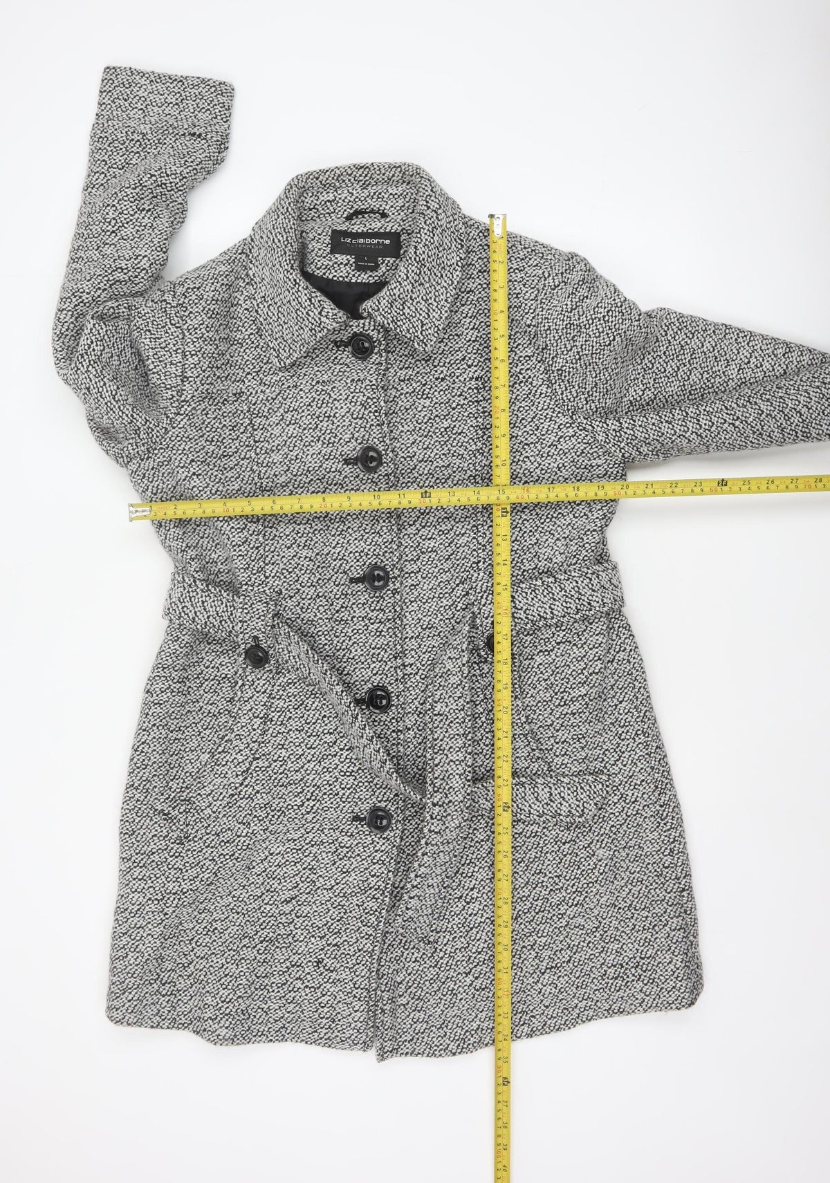 Liz Claiborne Women's Black & White L Tweed Belted Overcoat