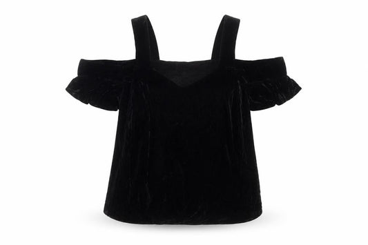 Topshop Women Black UK 6 Velvet Ruffle Cold Shoulder Blouse