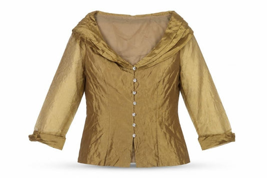 Alex Evenings Women Gold M Satin Sheer Sleeve Rhinestone Button Blouse