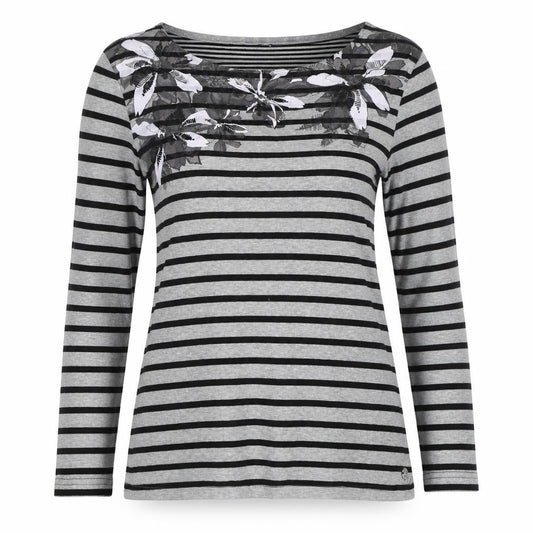Maine Women Grey Stripe Floral Basic Long Sleeve Jersey T-Shirt UK 12