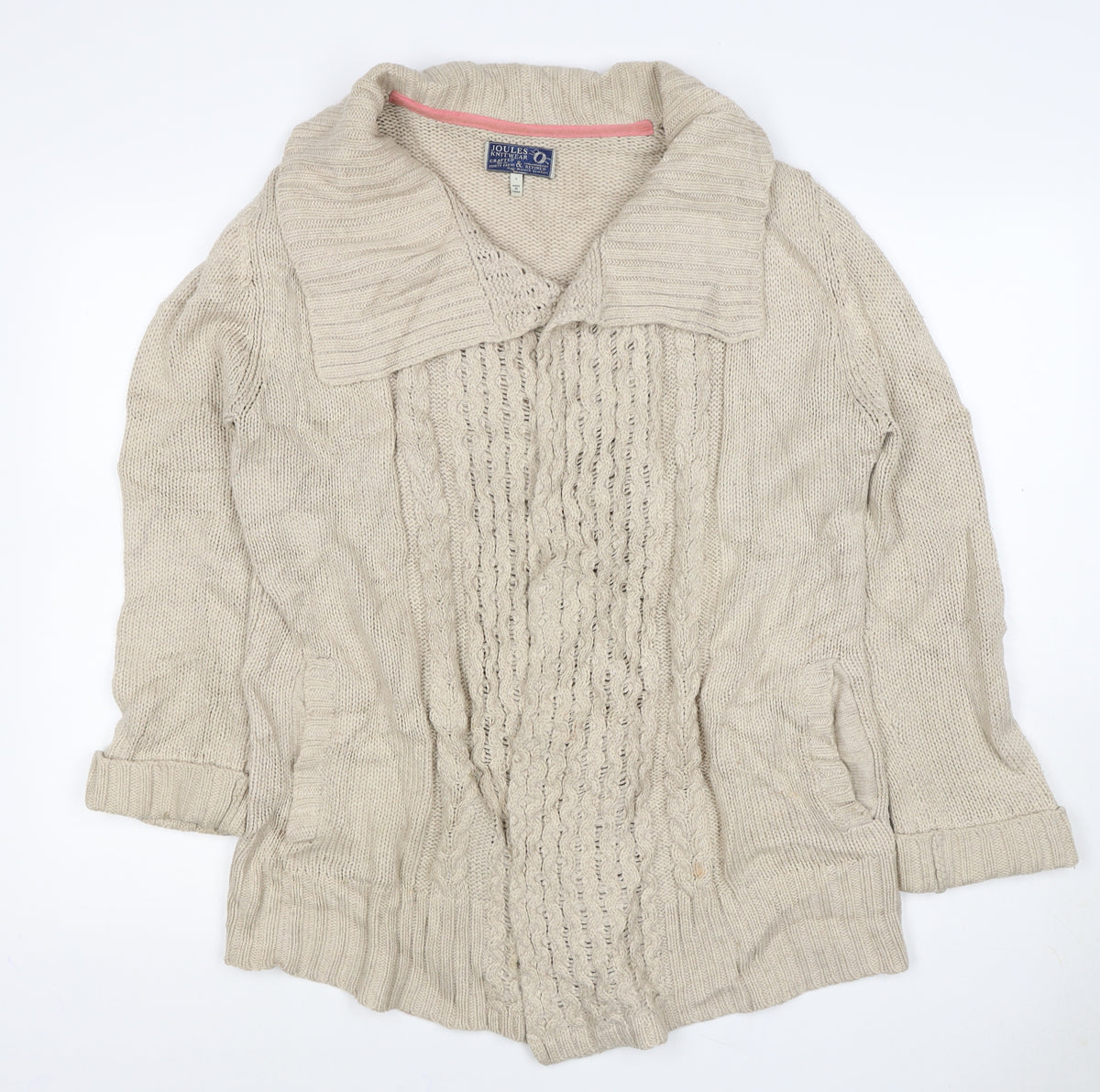 Joules Women's Beige S Cable-Knit Cowl Neck Pocket Pullover Jumper