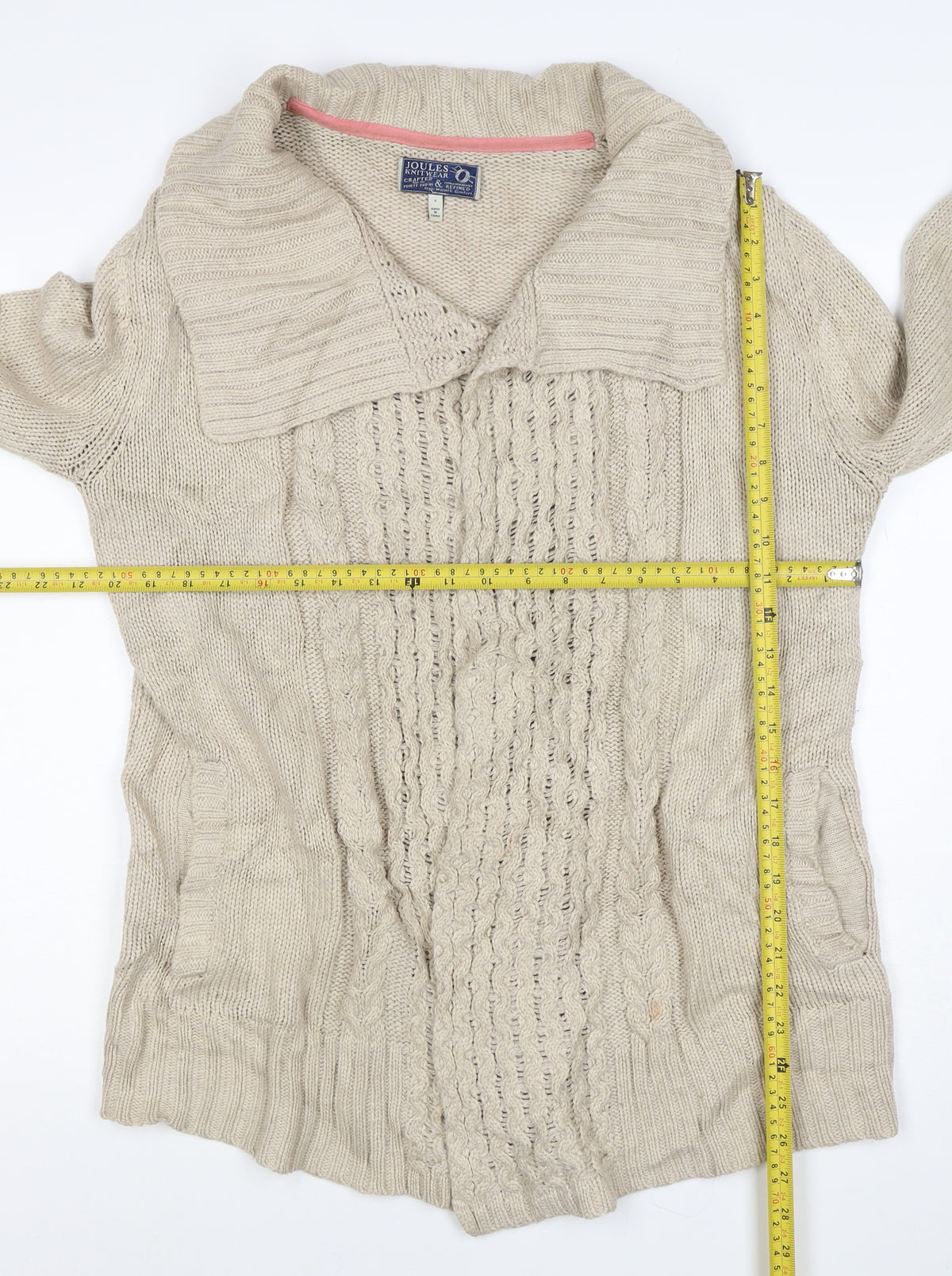Joules Women's Beige S Cable-Knit Cowl Neck Pocket Pullover Jumper