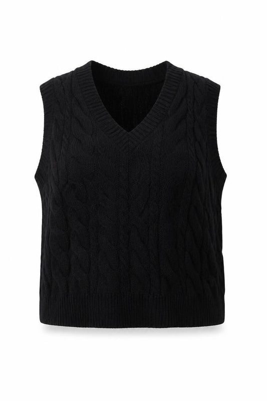 New Look Women Black M Cable Knit Sleeveless V-Neck Tank Top