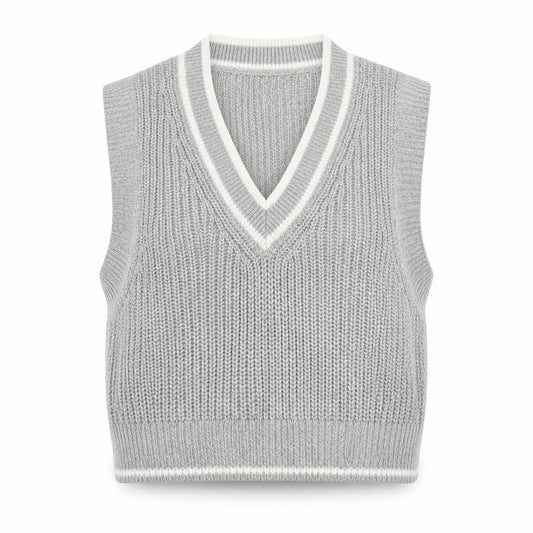 H&M Women Grey Striped V-Neck Knit Tank Top Size M Preppy