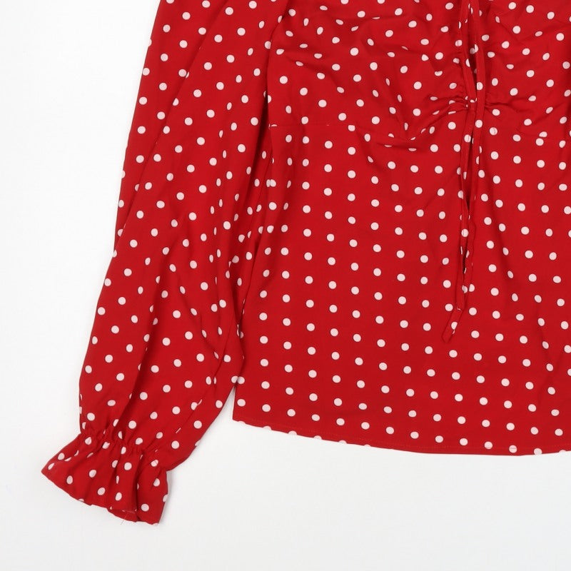 AX Paris Women Red Polka Dot Square Neck Ruffle Blouse Size 16