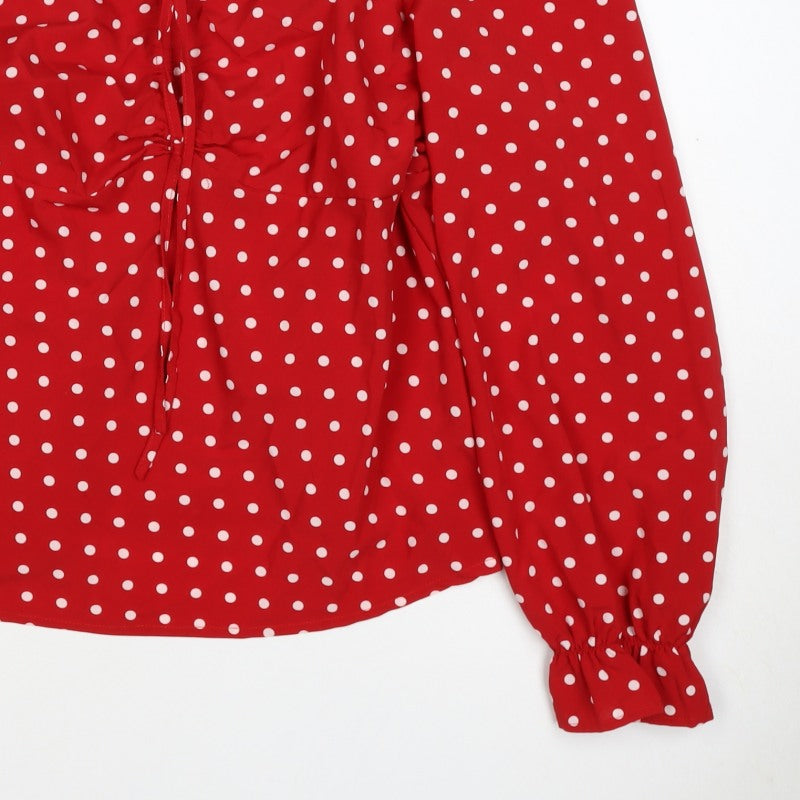AX Paris Women Red Polka Dot Square Neck Ruffle Blouse Size 16
