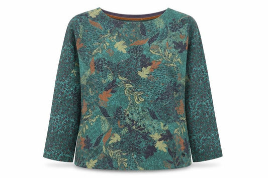 Country Rose Women Green Floral Cotton Jersey Blouse Size M Long Sleeve