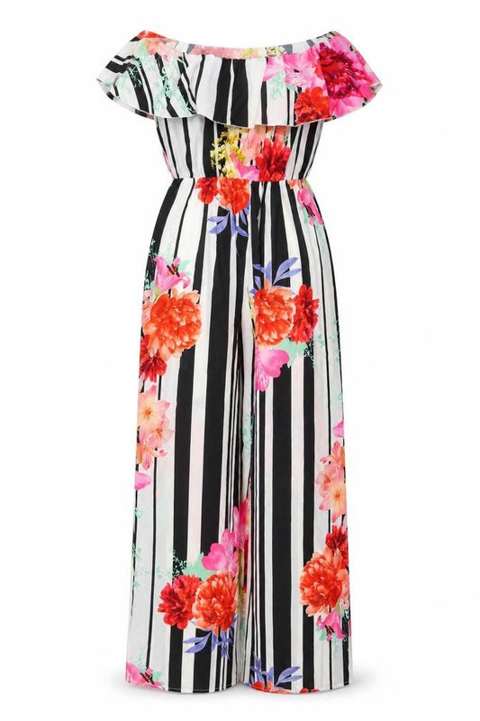 Quiz Women’s Multicoloured Floral Stripe Off Shoulder Wide-Leg Jumpsuit UK 14