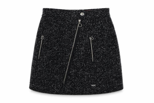 Superdry Women Black Tweed A-Line Mini Skirt Size S Zip Pockets