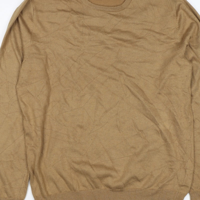 Mercier London Men's Beige M Viscose Crew Neck Fine Knit Pullover Jumper
