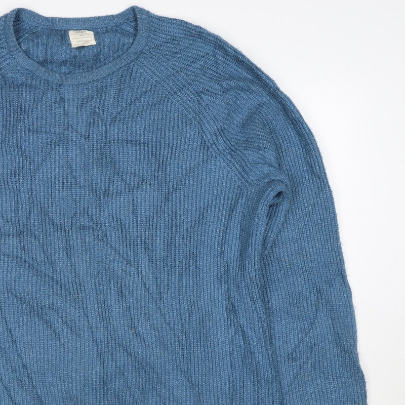 Marks & Spencer Men Blue XL Supersoft Wool Rib Knit Crew Neck Jumper