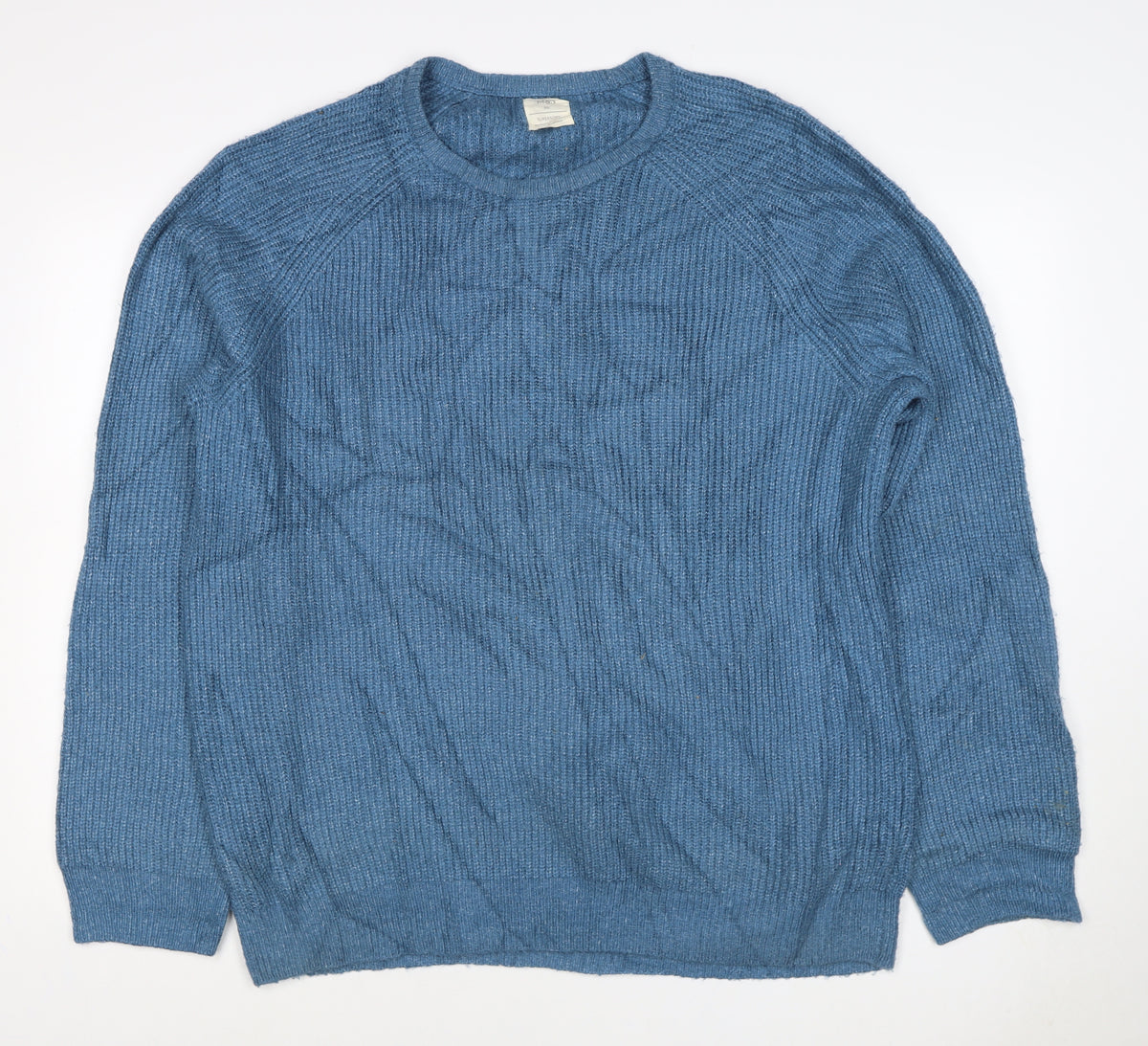 Marks & Spencer Men Blue XL Supersoft Wool Rib Knit Crew Neck Jumper